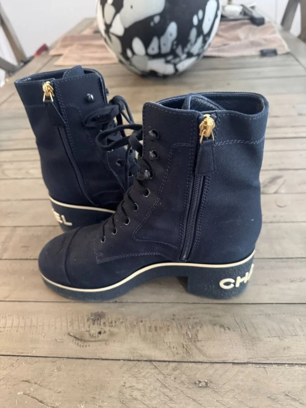 CHANEL Interlocking CC Logo Combat Boots Navy Blue Size 37.5